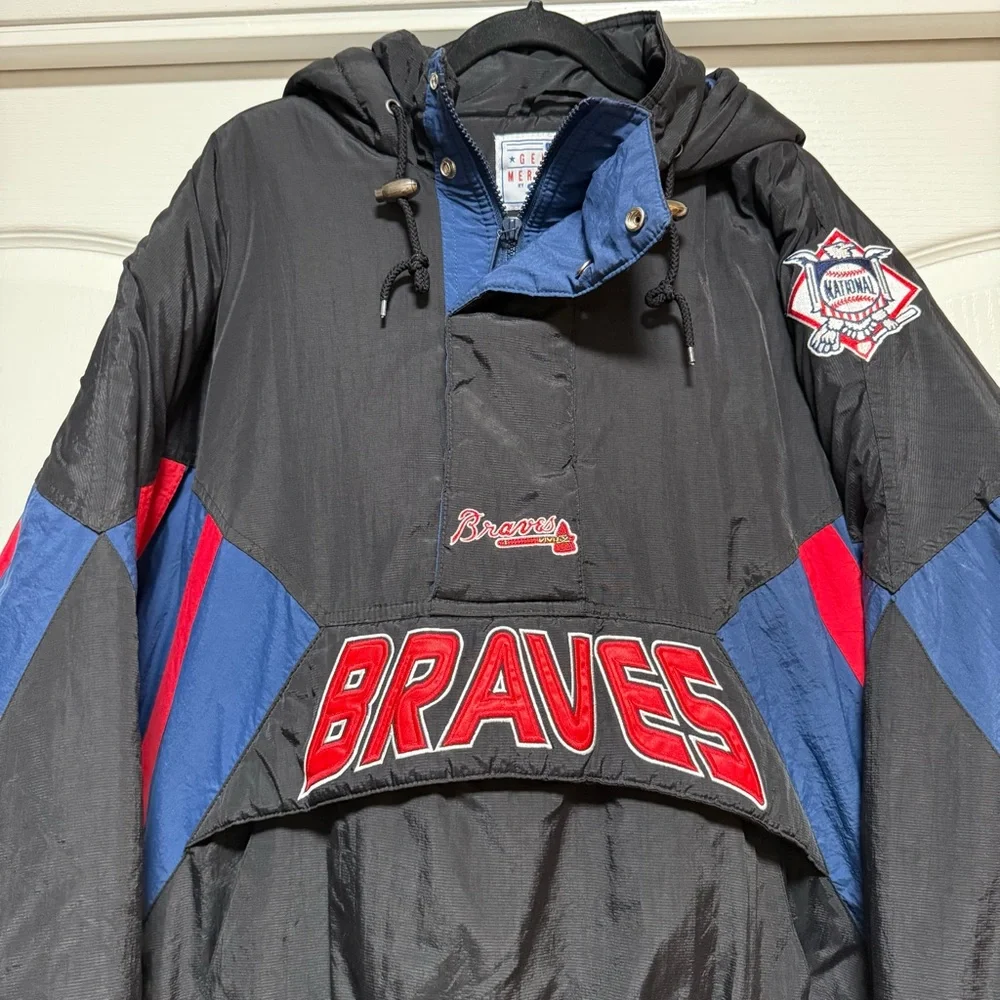Vintage MLB Atlanta Braves 90s STARTER Windbreaker Pull Over Jacket Size L - Picture 2 of 10